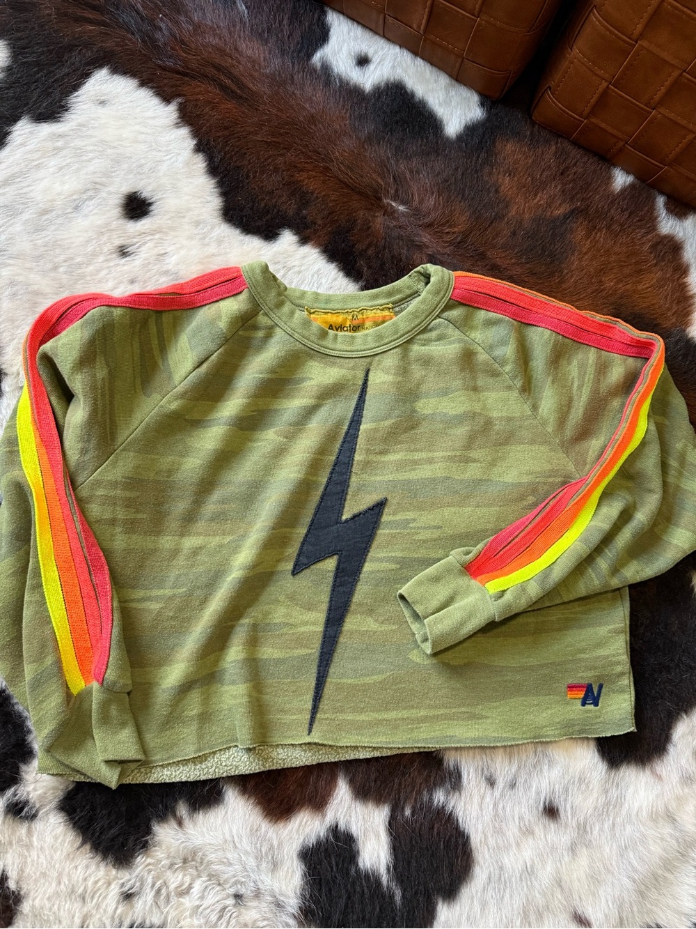 Aviator Nation Olive Lightning Bolt Sweatshirt with Neon Stripe Sleeves